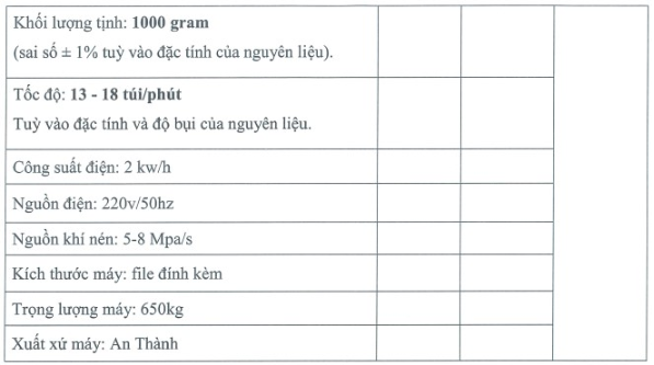 thông tin của máy đóng gói